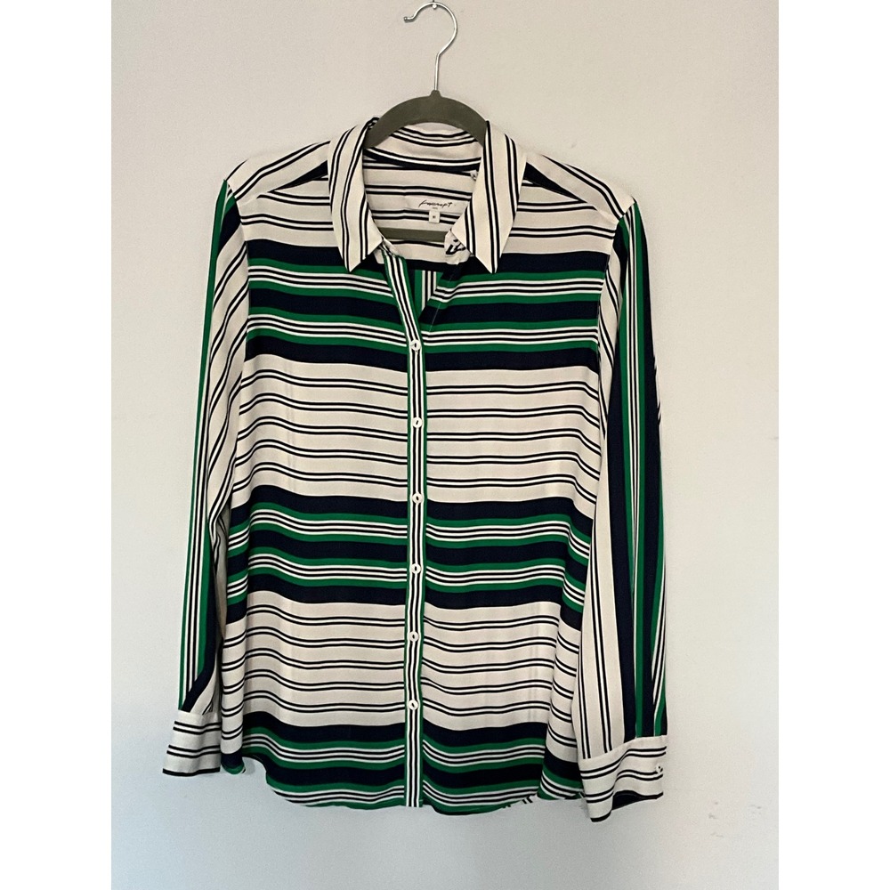 Foxcroft NYC Navy Green White Striped Button Down Shirt Blouse Womens 10